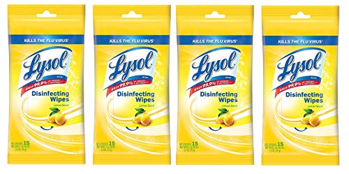 Lysol Disinfecting Wipes Lemon Scent 15ct in Resealable Travel Pouch (4 Pack)